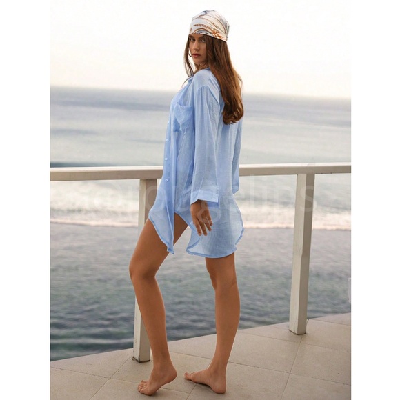 Blue Button Down Shirt Long Sleeve Chest Pocket - Picture 6 of 9